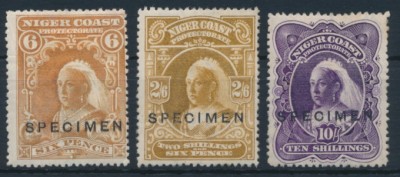 Niger Coast 1897 SG 71s, 73s, 74s. SPECIMEN. Серия 3 марки. *